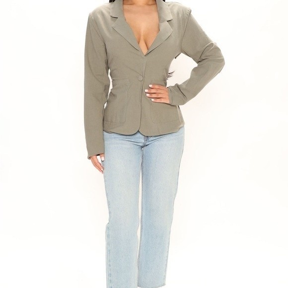 Fashion nova size large out of the office lace up linen blazer olive green - Picture 2 of 8